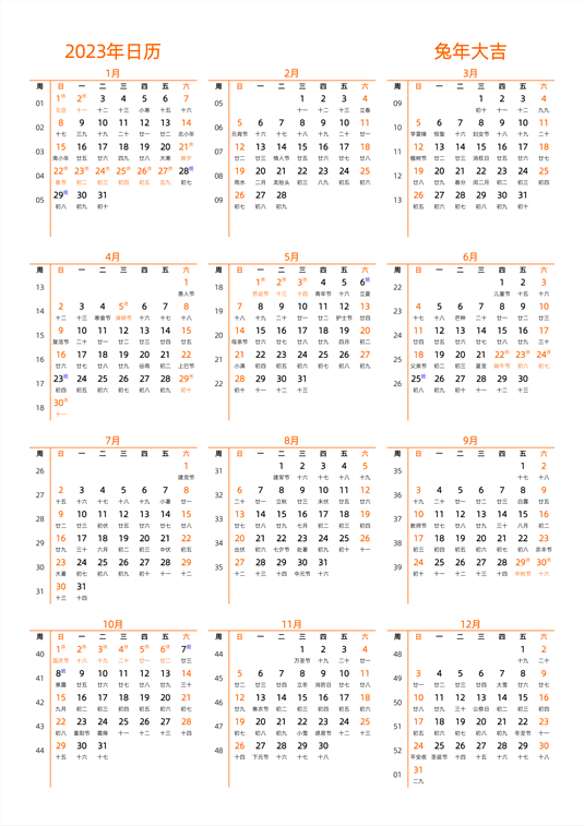 2023年日历 中文版 纵向排版 周日开始 带周数 带农历 带节假日调休